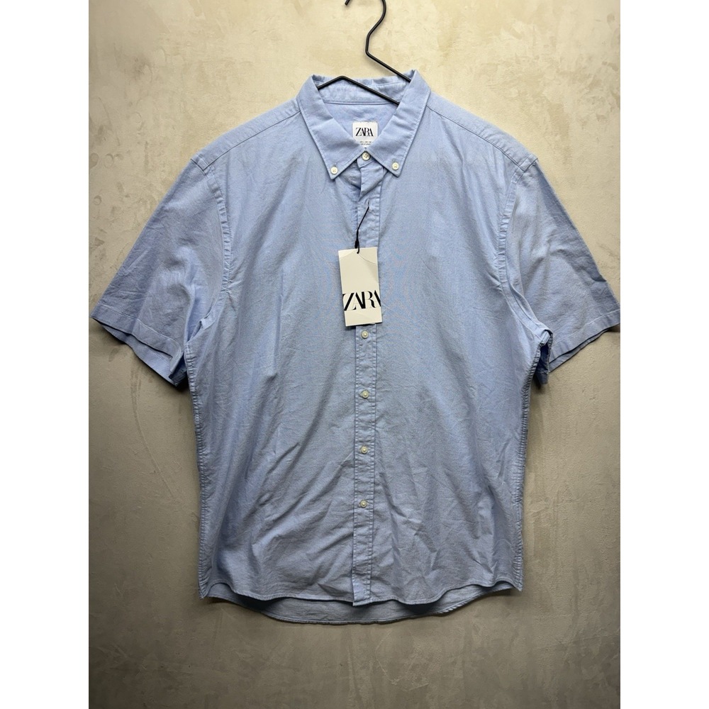 NWT Zara Short Sleeve Shirt Mens L Blue Textured Jacquard Relaxed Fit Button Up